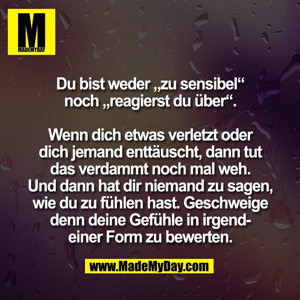 Du bist weder „zu sensibel“<br />
noch „reagierst du über“.<br />
<br />
Wenn dich etwas verletzt oder<br />
dich jemand enttäuscht, dann tut<br />
das verdammt noch mal weh.<br />
Und dann hat dir niemand zu sagen,<br />
wie du zu fühlen hast. Geschweige<br />
denn deine Gefühle in irgend-<br />
einer Form zu bewerten.