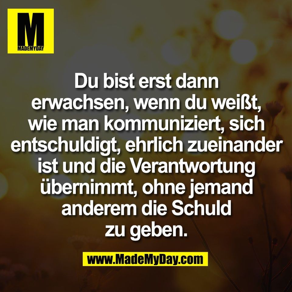 Du bist erst dann<br />
erwachsen, wenn du weißt,<br />
wie man kommuniziert, sich<br />
entschuldigt, ehrlich zueinander<br />
ist und die Verantwortung<br />
übernimmt, ohne jemand<br />
anderem die Schuld<br />
zu geben.