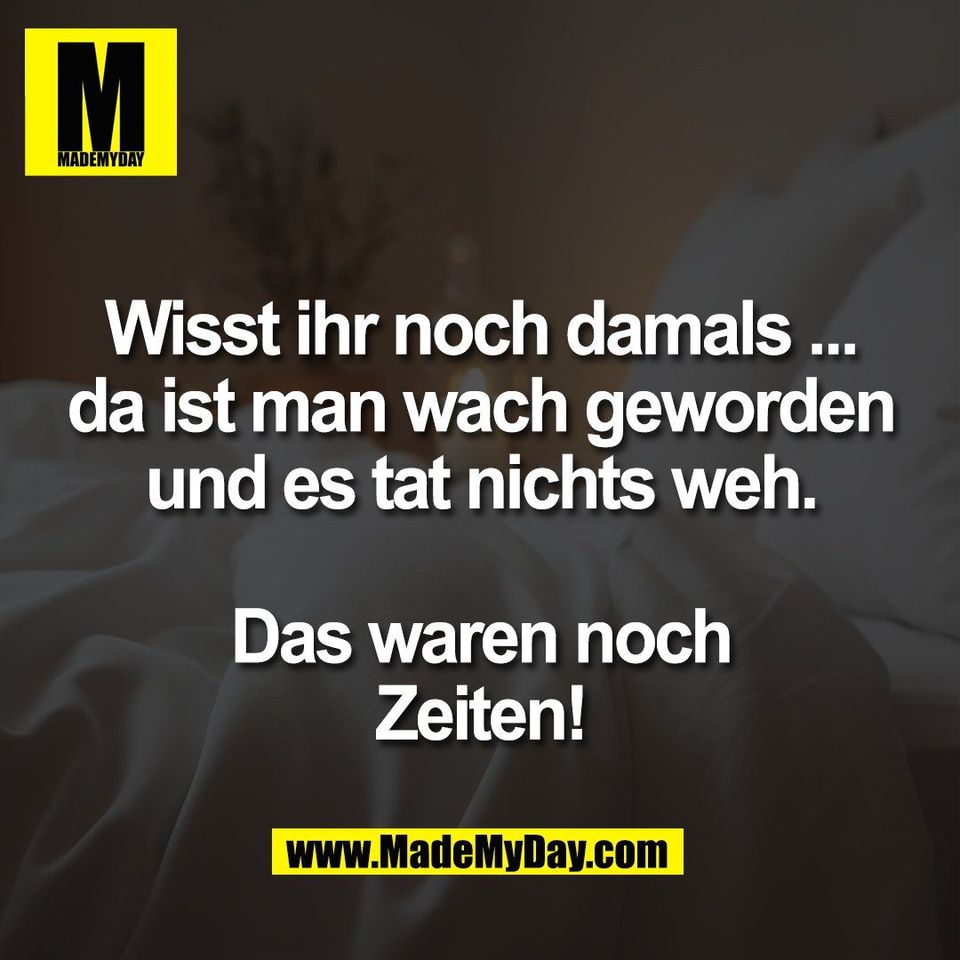 Wisst ihr noch damals ...<br />
da ist man wach geworden<br />
und es tat nichts weh.<br />
<br />
Das waren noch<br />
Zeiten!