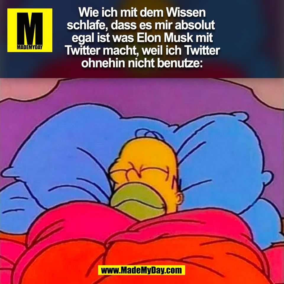 Wie ich mit dem Wissen<br />
schlafe, dass es mir absolut <br />
egal ist was Elon Musk mit<br />
Twitter macht, weil ich Twitter<br />
ohnehin nicht benutze:<br />
(BILD)