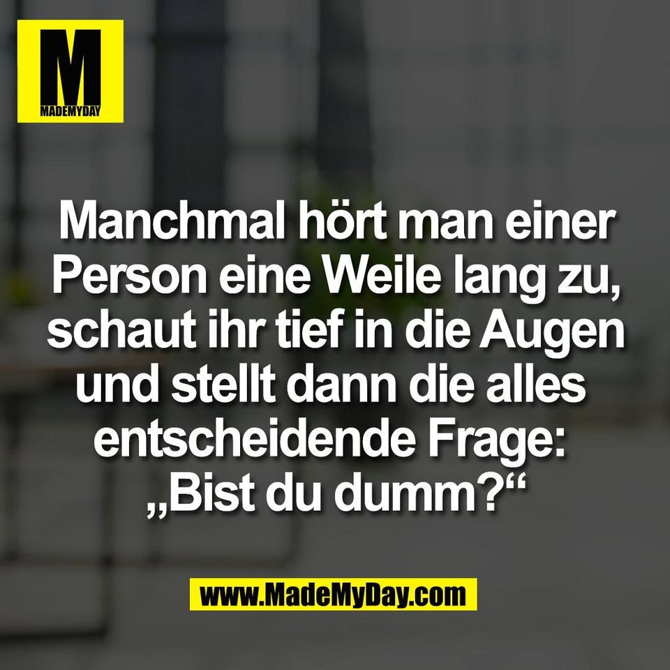 Manchmal hört man einer<br />
Person eine Weile lang zu,<br />
schaut ihr tief in die Augen<br />
und stellt dann die alles <br />
entscheidende Frage: <br />
„Bist du dumm?“