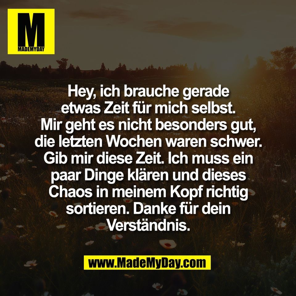 Hey, ich brauche gerade<br />
etwas Zeit für mich selbst.<br />
Mir geht es nicht besonders gut,<br />
die letzten Wochen waren schwer.<br />
Gib mir diese Zeit. Ich muss ein<br />
paar Dinge klären und dieses<br />
Chaos in meinem Kopf richtig<br />
sortieren. Danke für dein<br />
Verständnis.