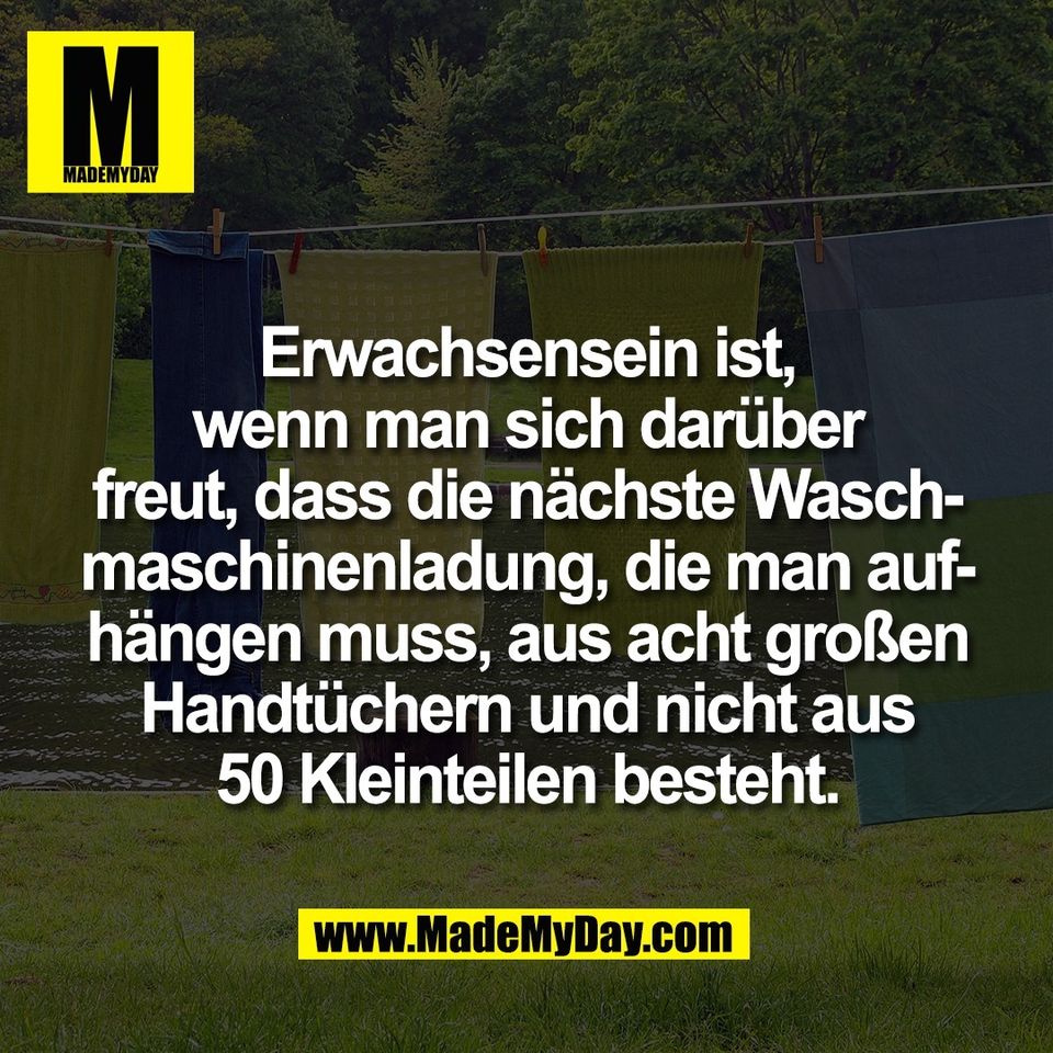 Erwachsensein ist,<br />
wenn man sich darüber<br />
freut, dass die nächste Wasch-<br />
maschinenladung, die man auf-<br />
hängen muss, aus acht großen<br />
Handtüchern und nicht aus<br />
50 Kleinteilen besteht.