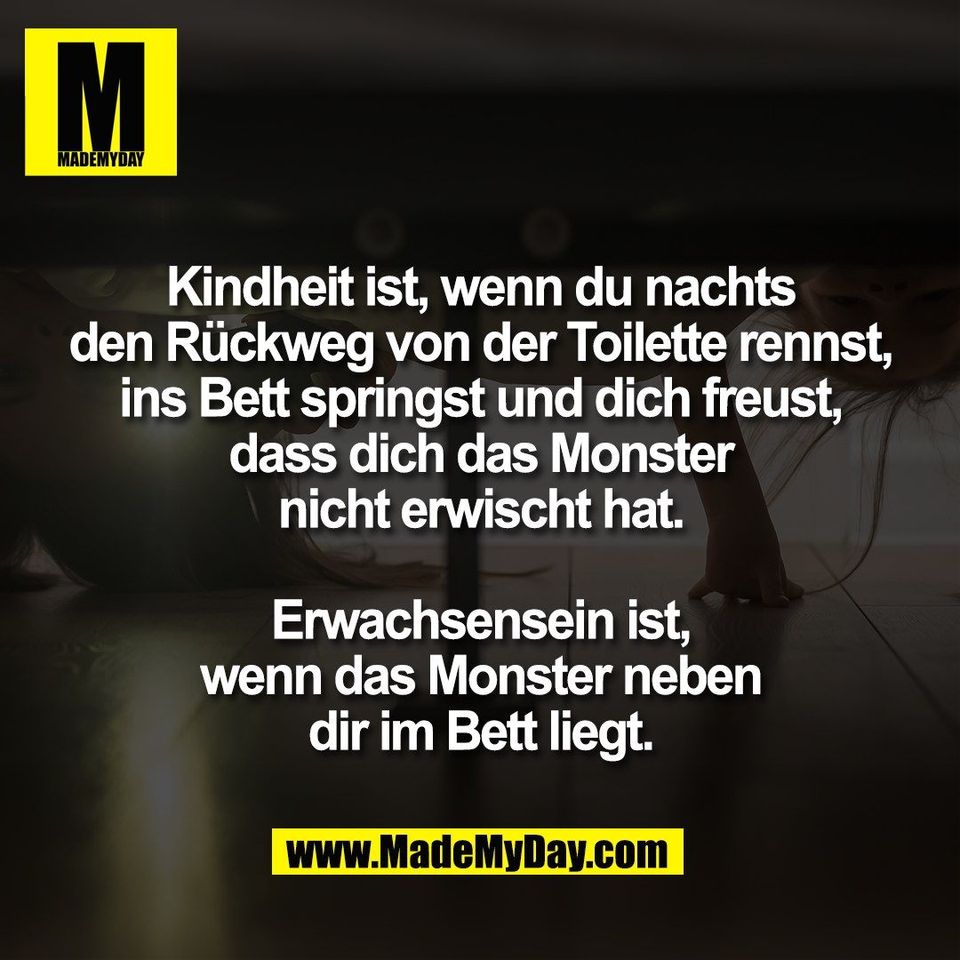 Kindheit ist, wenn du nachts<br />
den Rückweg von der Toilette rennst,<br />
ins Bett springst und dich freust,<br />
dass dich das Monster<br />
nicht erwischt hat.<br />
<br />
Erwachsensein ist,<br />
wenn das Monster neben<br />
dir im Bett liegt.