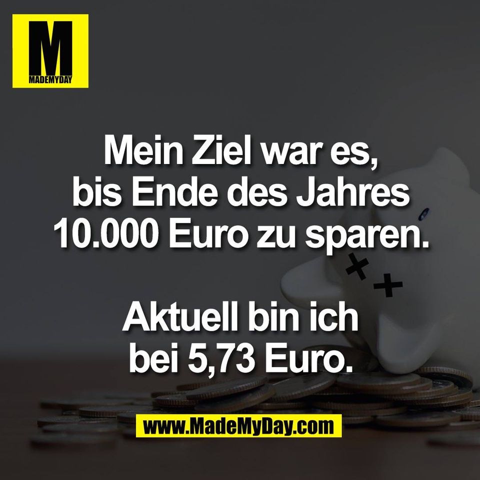 Mein Ziel war es,<br />
bis Ende des Jahres<br />
10.000 Euro zu sparen.<br />
<br />
Aktuell bin ich<br />
bei 5,73 Euro.