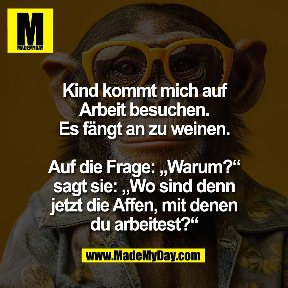 Kind kommt mich auf<br />
Arbeit besuchen.<br />
Es fängt an zu weinen.<br />
<br />
Auf die Frage: „Warum?“<br />
sagt sie: „Wo sind denn<br />
jetzt die Affen, mit denen<br />
du arbeitest?“