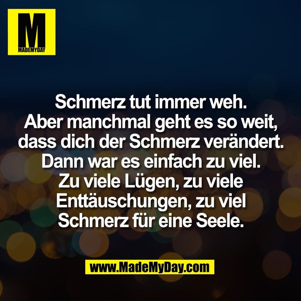 Schmerz tut immer weh.<br />
Aber manchmal geht es so weit,<br />
dass dich der Schmerz verändert.<br />
Dann war es einfach zu viel.<br />
Zu viele Lügen, zu viele<br />
Enttäuschungen, zu viel<br />
Schmerz für eine Seele.