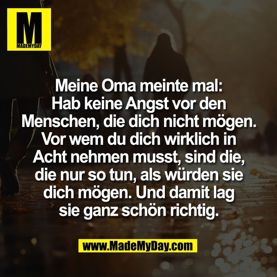 Meine Oma meinte mal:<br />
Hab keine Angst vor den<br />
Menschen, die dich nicht mögen.<br />
Vor wem du dich wirklich in<br />
Acht nehmen musst, sind die,<br />
die nur so tun, als würden sie<br />
dich mögen. Und damit lag<br />
sie ganz schön richtig.