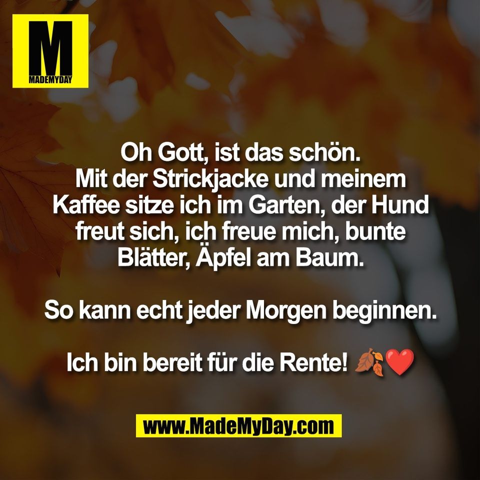 Oh Gott, ist das schön.<br />
Mit der Strickjacke und meinem<br />
Kaffee sitze ich im Garten, der Hund<br />
freut sich, ich freue mich, bunte<br />
Blätter, Äpfel am Baum.<br />
<br />
So kann echt jeder Morgen beginnen.<br />
<br />
Ich bin bereit für die Rente! 🍂❤️