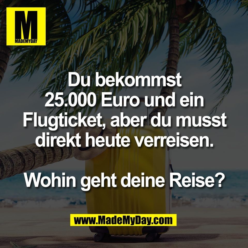 Du bekommst<br />
25.000 Euro und ein<br />
Flugticket, aber du musst<br />
direkt heute verreisen.<br />
<br />
Wohin geht deine Reise?