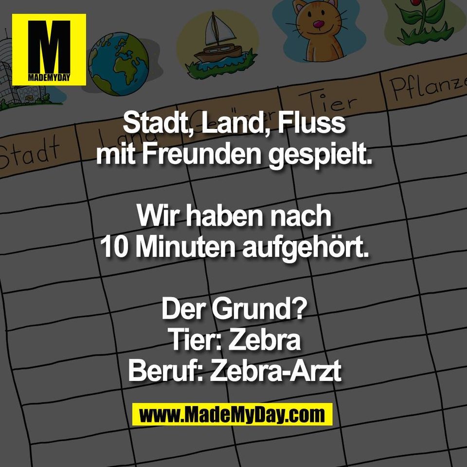 Stadt, Land, Fluss<br />
mit Freunden gespielt.<br />
<br />
Wir haben nach<br />
10 Minuten aufgehört.<br />
<br />
Der Grund?<br />
Tier: Zebra<br />
Beruf: Zebra-Arzt