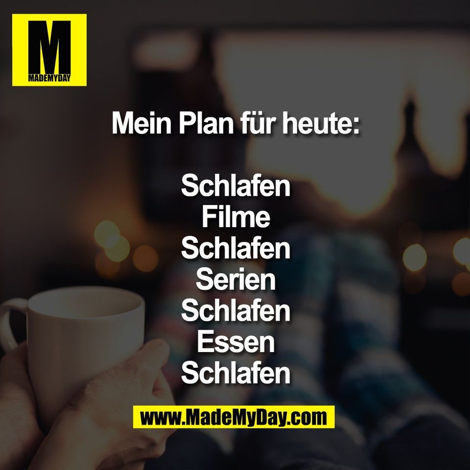 Mein Plan für heute:<br />
<br />
Schlafen<br />
Filme<br />
Schlafen<br />
Serien<br />
Schlafen<br />
Essen<br />
Schlafen