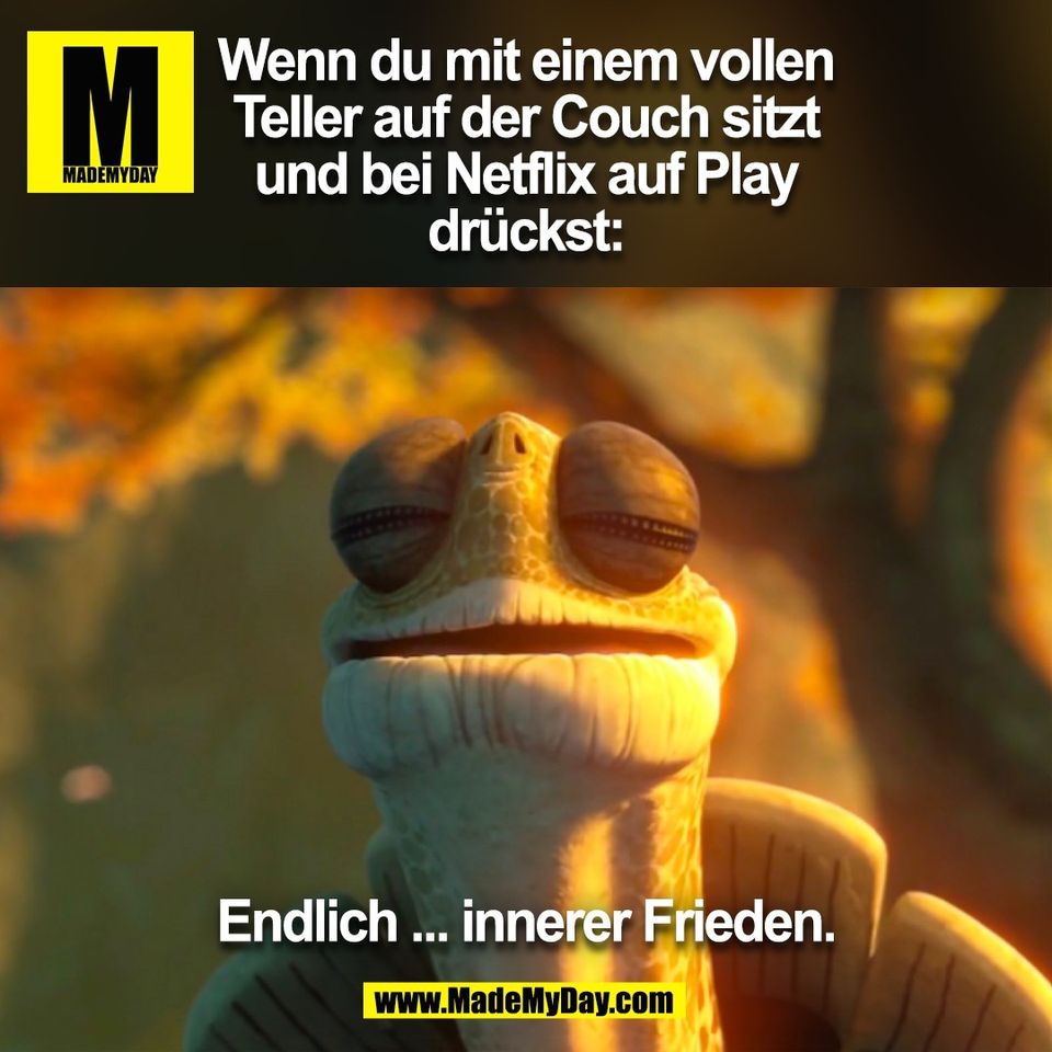 Wenn du mit einem vollen<br />
Teller auf der Couch sitzt<br />
und bei Netflix auf Play<br />
drückst:<br />
<br />
Endlich ... innerer Frieden.<br />
<br />
(BILD)