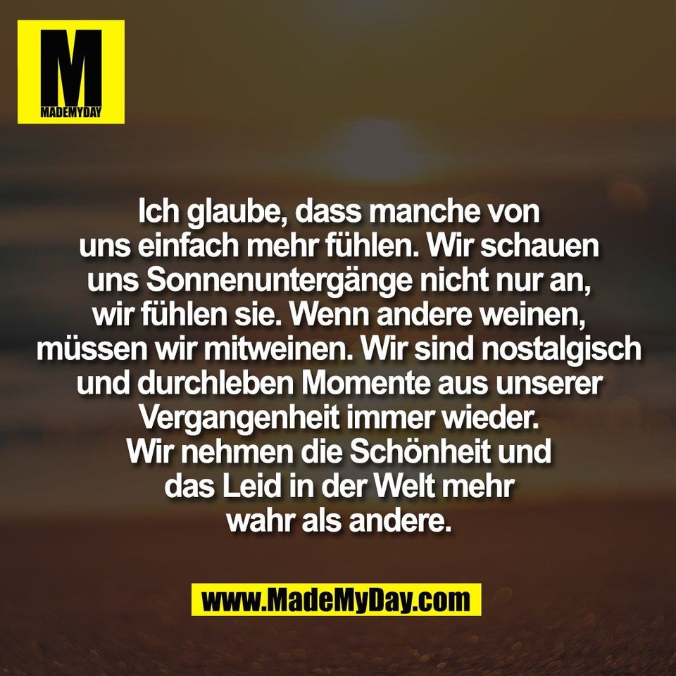 Ich glaube, dass manche von<br />
uns einfach mehr fühlen. Wir schauen<br />
uns Sonnenuntergänge nicht nur an,<br />
wir fühlen sie. Wenn andere weinen,<br />
müssen wir mitweinen. Wir sind nostalgisch<br />
und durchleben Momente aus unserer<br />
Vergangenheit immer wieder.<br />
Wir nehmen die Schönheit und<br />
das Leid in der Welt mehr<br />
wahr als andere.