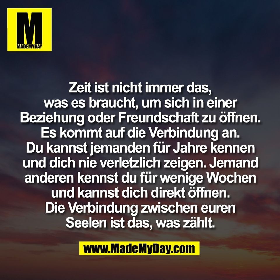 Zeit ist nicht immer das,<br />
was es braucht, um sich in einer<br />
Beziehung oder Freundschaft zu öffnen.<br />
Es kommt auf die Verbindung an.<br />
Du kannst jemanden für Jahre kennen<br />
und dich nie verletzlich zeigen. Jemand<br />
anderen kennst du für wenige Wochen<br />
und kannst dich direkt öffnen.<br />
Die Verbindung zwischen euren<br />
Seelen ist das, was zählt.