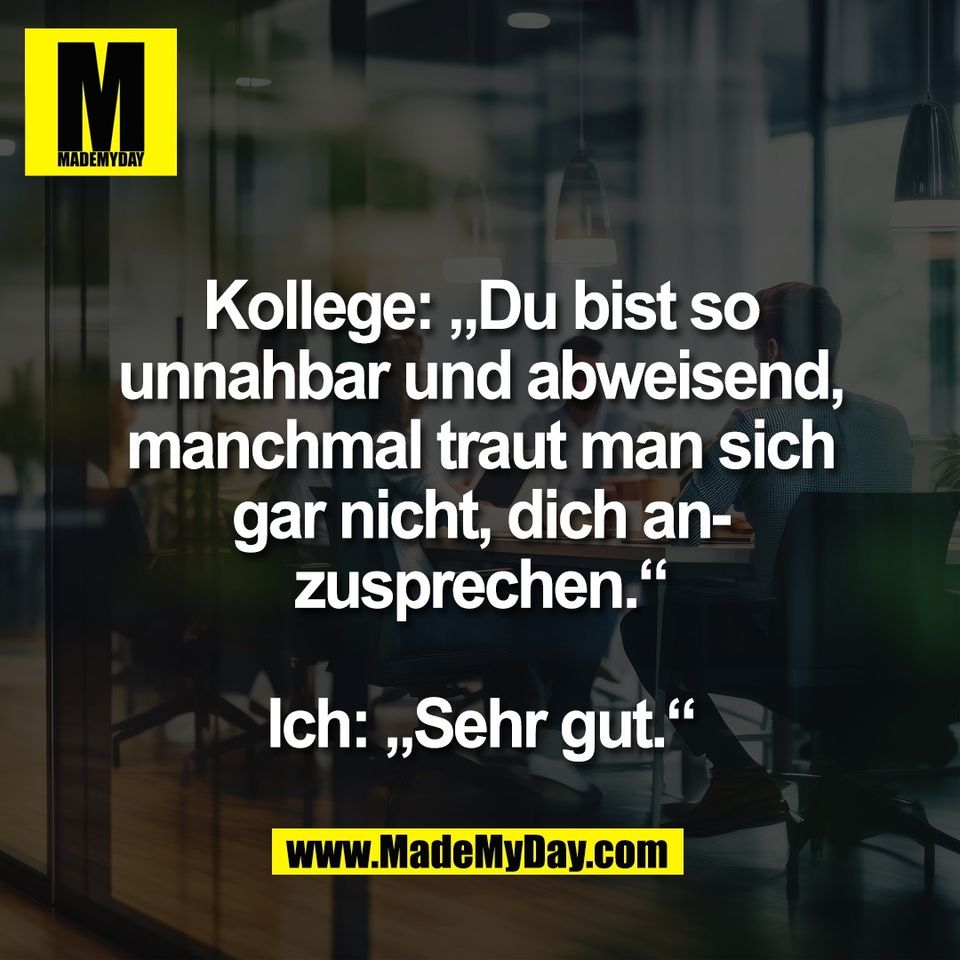 Kollege: „Du bist so<br />
unnahbar und abweisend,<br />
manchmal traut man sich<br />
gar nicht, dich an-<br />
zusprechen.“<br />
<br />
Ich: „Sehr gut.“