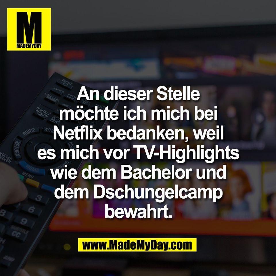 An dieser Stelle<br />
möchte ich mich bei<br />
Netflix bedanken, weil<br />
es mich vor TV-Highlights<br />
wie dem Bachelor und<br />
dem Dschungelcamp<br />
bewahrt.