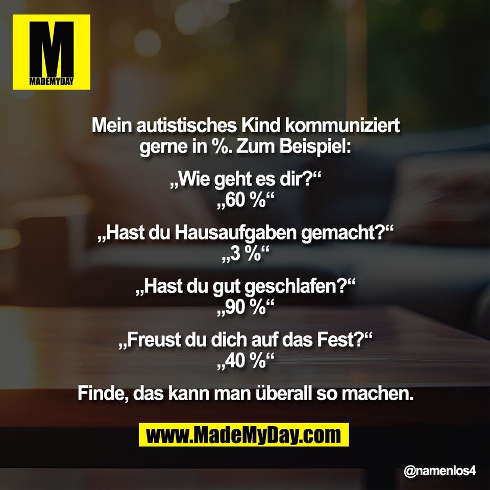 "Mein autistisches Kind kommuniziert<br />
gerne in %. Zum Beispiel:<br />
<br />
„Wie geht es dir?“<br />
„60 %“<br />
<br />
„Hast du Hausaufgaben gemacht?“<br />
„3 %“<br />
<br />
„Hast du gut geschlafen?“<br />
„90 %“<br />
<br />
„Freust du dich auf das Fest?“<br />
„40 %“<br />
<br />
Finde, das kann man überall so machen."