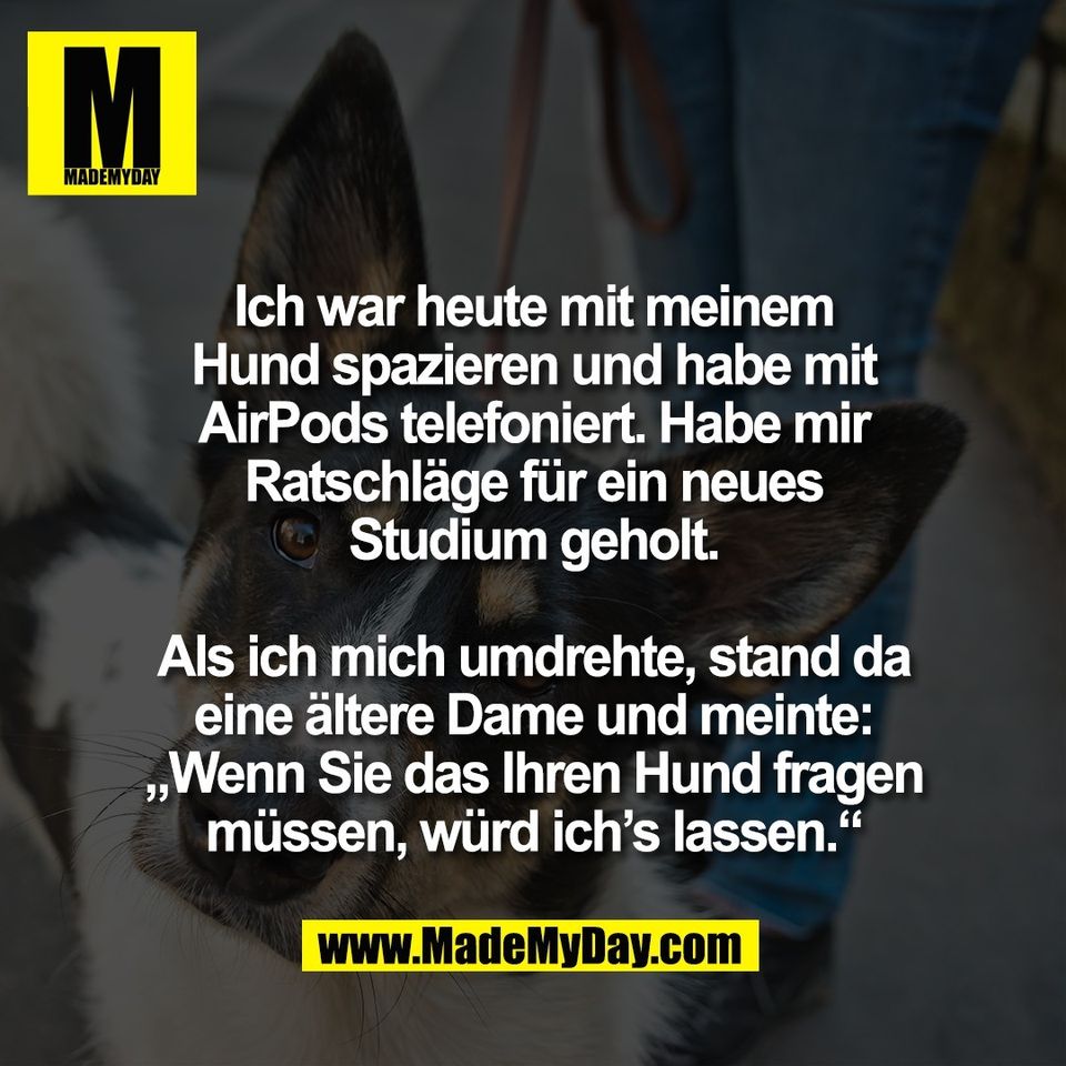 Ich war heute mit meinem<br />
Hund spazieren und habe mit<br />
AirPods telefoniert. Habe mir<br />
Ratschläge für ein neues<br />
Studium geholt.<br />
<br />
Als ich mich umdrehte, stand da<br />
eine ältere Dame und meinte:<br />
„Wenn Sie das Ihren Hund fragen<br />
müssen, würd ich’s lassen.“