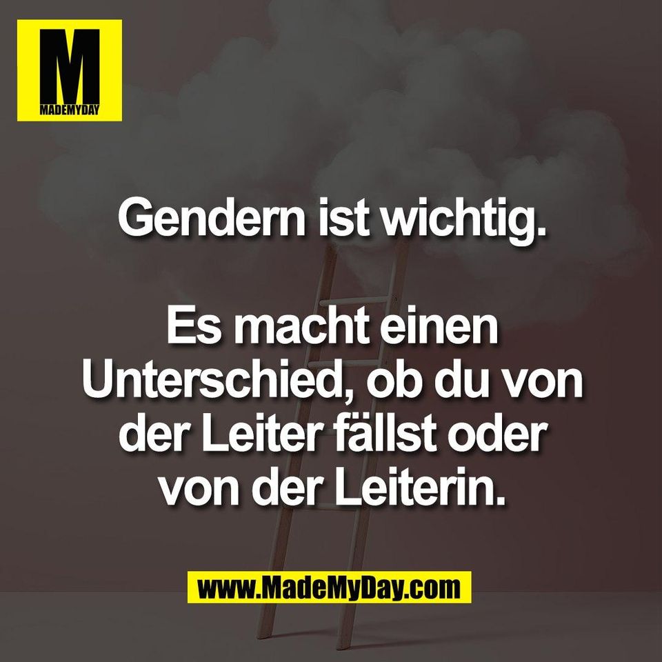 Gendern ist wichtig.<br />
<br />
Es macht einen<br />
Unterschied, ob du von<br />
der Leiter fällst oder<br />
von der Leiterin.