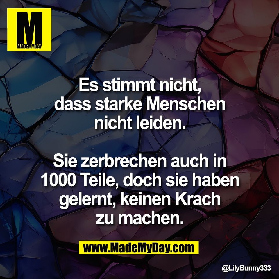 Es stimmt nicht,<br />
dass starke Menschen<br />
nicht leiden.<br />
<br />
Sie zerbrechen auch in<br />
1000 Teile, doch sie haben<br />
gelernt, keinen Krach<br />
zu machen.
