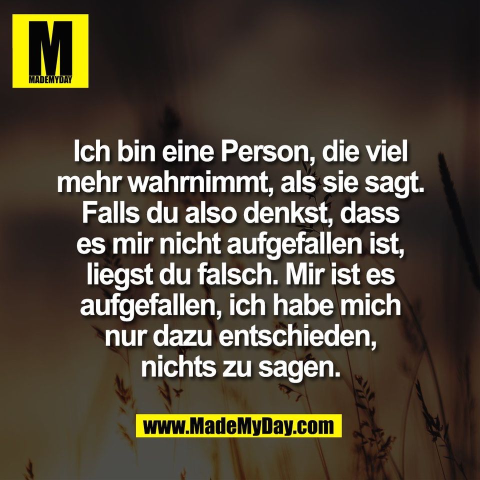 Ich bin eine Person, die viel<br />
mehr wahrnimmt, als sie sagt.<br />
Falls du also denkst, dass<br />
es mir nicht aufgefallen ist,<br />
liegst du falsch. Mir ist es<br />
aufgefallen, ich habe mich<br />
nur dazu entschieden,<br />
nichts zu sagen.