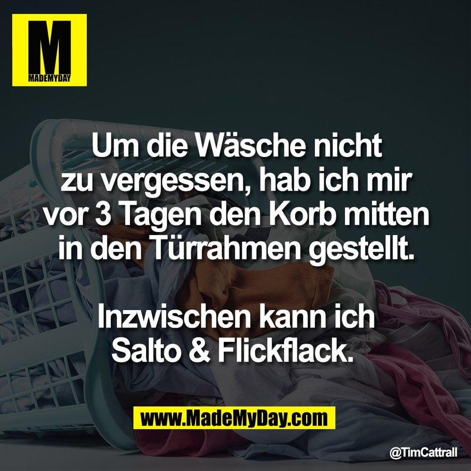 Um die Wäsche nicht<br />
zu vergessen, hab ich mir<br />
vor 3 Tagen den Korb mitten<br />
in den Türrahmen gestellt.<br />
<br />
Inzwischen kann ich<br />
Salto & Flickflack.