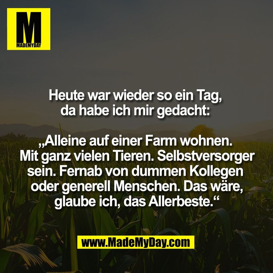 Heute war wieder so ein Tag, <br />
da habe ich mir gedacht: <br />
<br />
„Alleine auf einer Farm wohnen. <br />
Mit ganz vielen Tieren. Selbstversorger<br />
sein. Fernab von dummen Kollegen <br />
oder generell Menschen. Das wäre,<br />
glaube ich, das Allerbeste.“