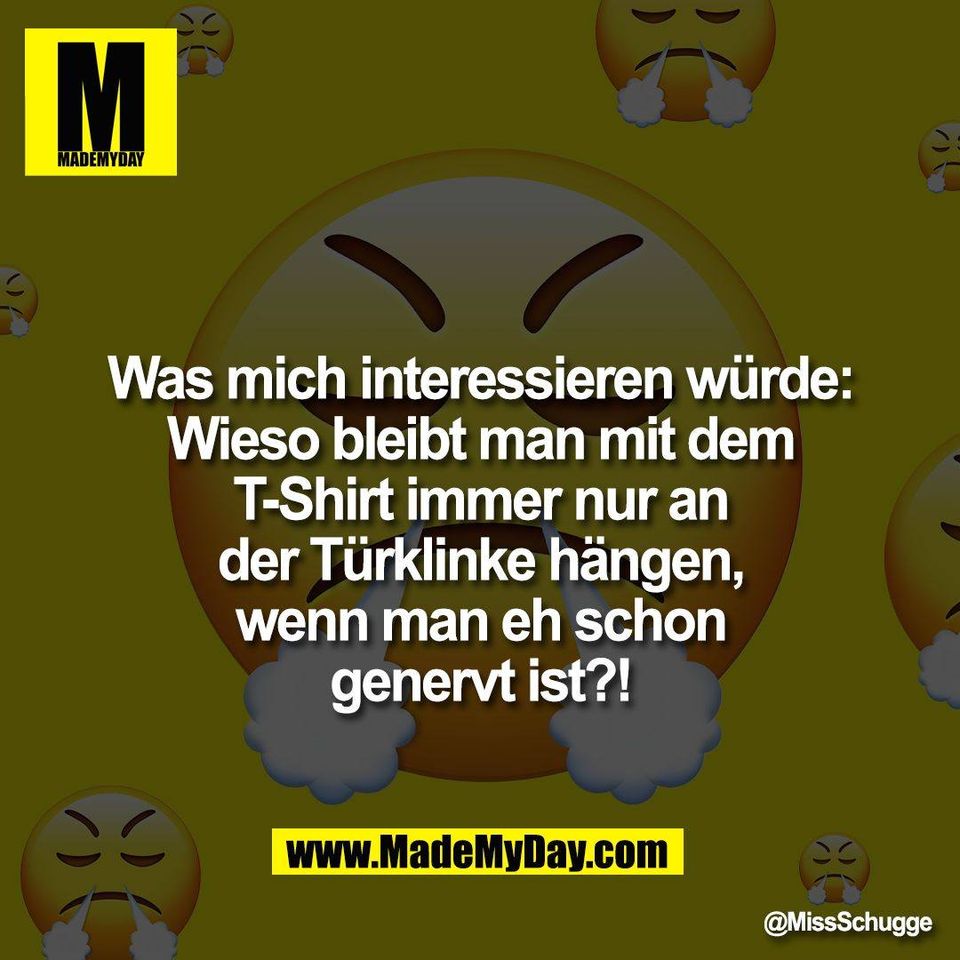 Was mich interessieren würde:<br />
Wieso bleibt man mit dem<br />
T-Shirt immer nur an<br />
der Türklinke hängen,<br />
wenn man eh schon<br />
genervt ist?!