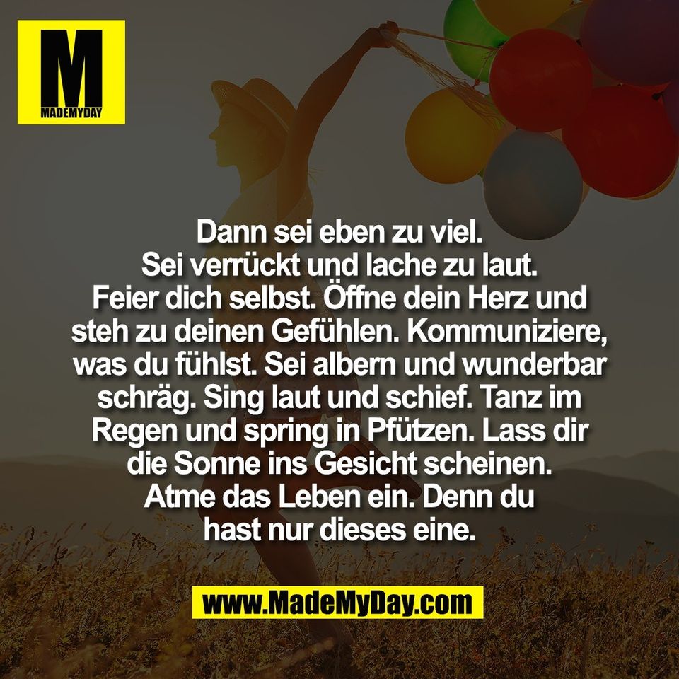 Dann sei eben zu viel.<br />
Sei verrückt und lache zu laut.<br />
Feier dich selbst. Öffne dein Herz und<br />
steh zu deinen Gefühlen. Kommuniziere,<br />
was du fühlst. Sei albern und wunderbar<br />
schräg. Sing laut und schief. Tanz im<br />
Regen und spring in Pfützen. Lass dir<br />
die Sonne ins Gesicht scheinen.<br />
Atme das Leben ein. Denn du<br />
hast nur dieses eine.