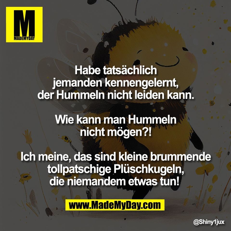 Habe tatsächlich<br />
jemanden kennengelernt,<br />
der Hummeln nicht leiden kann.<br />
<br />
Wie kann man Hummeln<br />
nicht mögen?!<br />
<br />
Ich meine, das sind kleine brummende<br />
tollpatschige Plüschkugeln,<br />
die niemandem etwas tun!