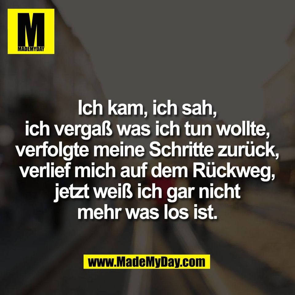 Ich kam, ich sah,<br />
ich vergaß was ich tun wollte,<br />
verfolgte meine Schritte zurück,<br />
verlief mich auf dem Rückweg,<br />
jetzt weiß ich gar nicht<br />
mehr was los ist.