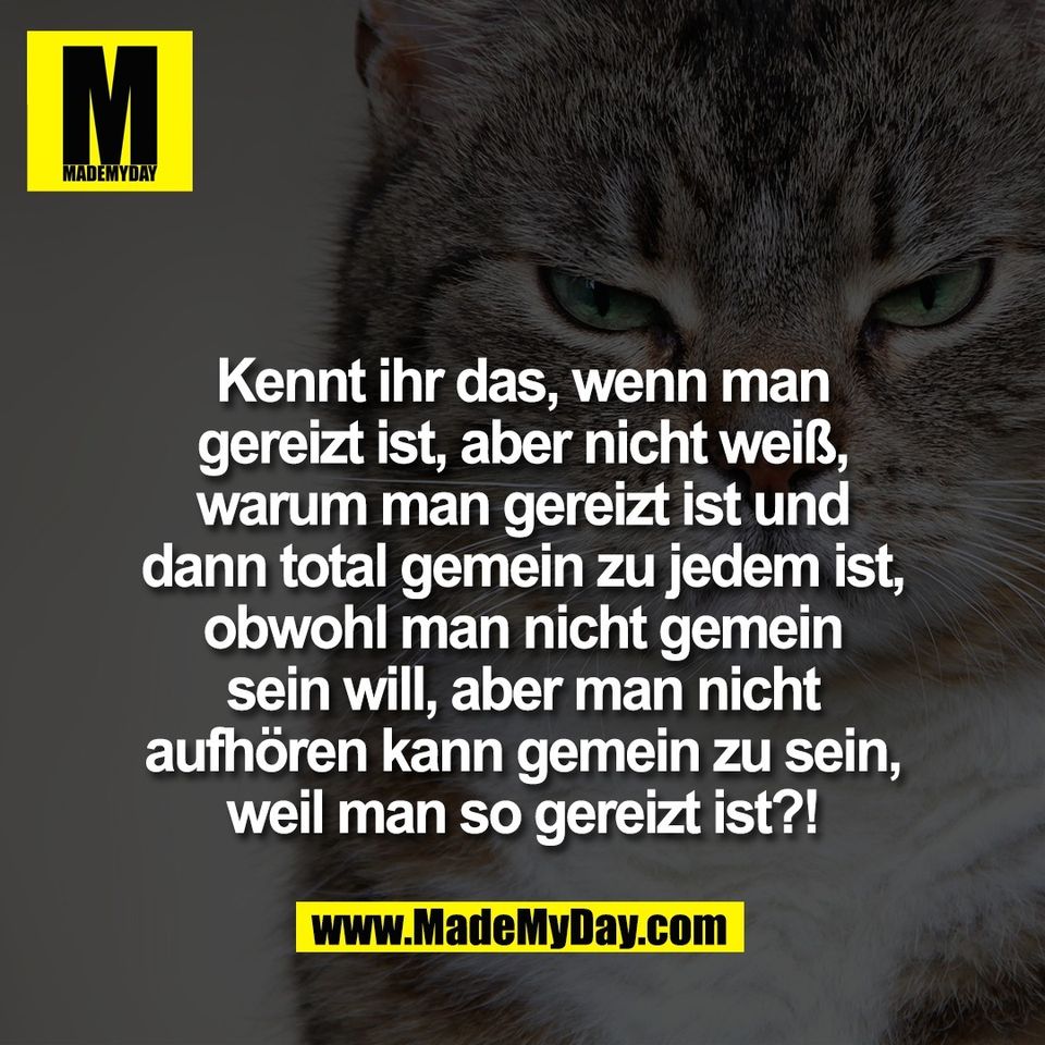 Kennt ihr das, wenn man<br />
gereizt ist, aber nicht weiß,<br />
warum man gereizt ist und<br />
dann total gemein zu jedem ist,<br />
obwohl man nicht gemein<br />
sein will, aber man nicht<br />
aufhören kann gemein zu sein,<br />
weil man so gereizt ist?!