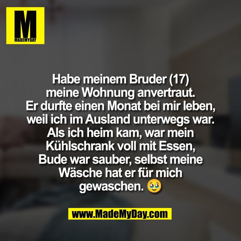 Habe meinem Bruder (17)<br />
meine Wohnung anvertraut.<br />
Er durfte einen Monat bei mir leben,<br />
weil ich im Ausland unterwegs war.<br />
Als ich heim kam, war mein<br />
Kühlschrank voll mit Essen,<br />
Bude war sauber, selbst meine<br />
Wäsche hat er für mich<br />
gewaschen. 🥹