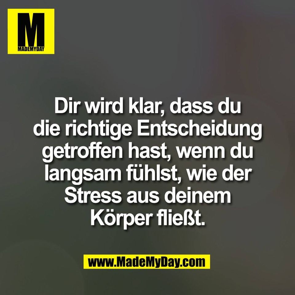 Dir wird klar, dass du<br />
die richtige Entscheidung<br />
getroffen hast, wenn du<br />
langsam fühlst, wie der<br />
Stress aus deinem<br />
Körper fließt.