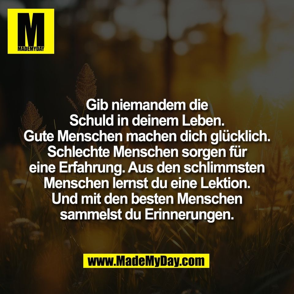 Gib niemandem die<br />
Schuld in deinem Leben.<br />
Gute Menschen machen dich glücklich.<br />
Schlechte Menschen sorgen für<br />
eine Erfahrung. Aus den schlimmsten<br />
Menschen lernst du eine Lektion.<br />
Und mit den besten Menschen<br />
sammelst du Erinnerungen.