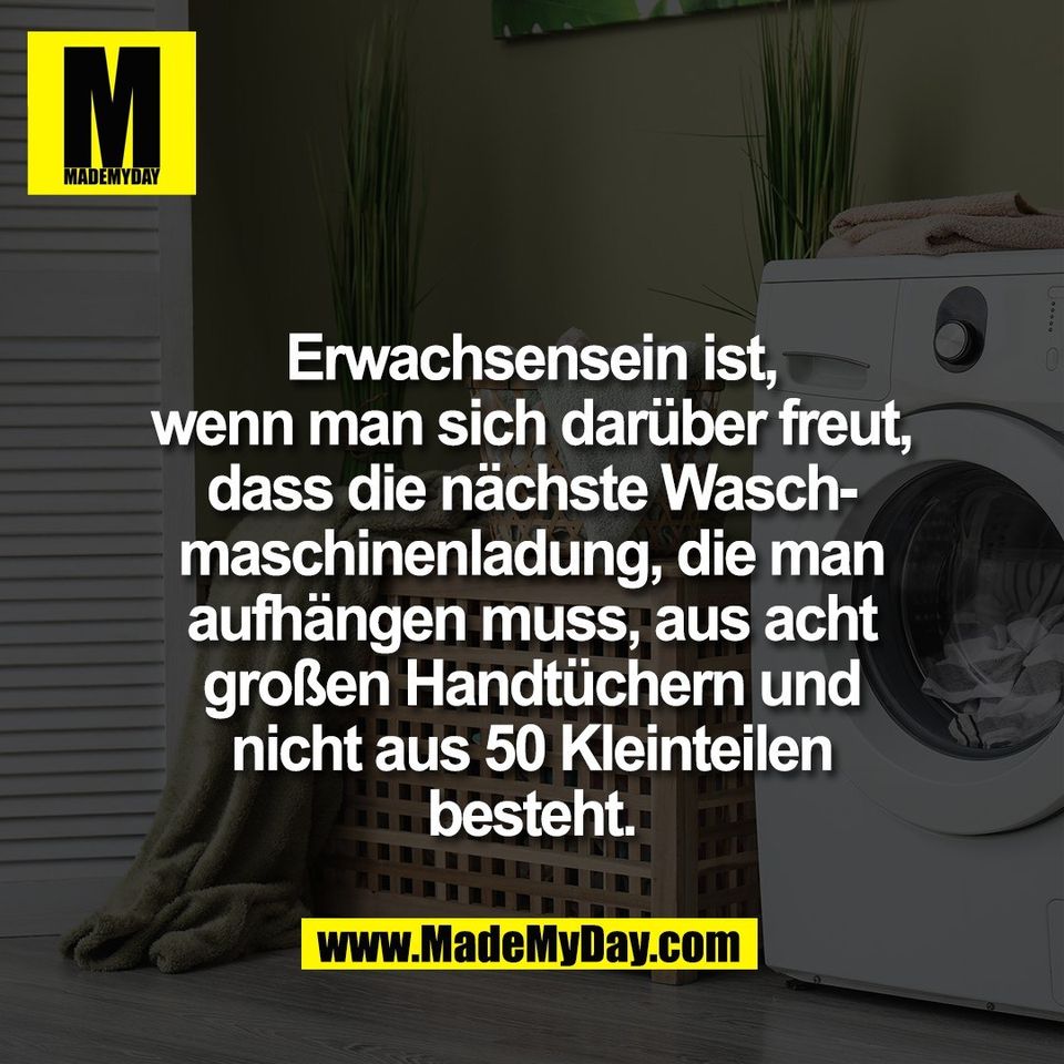 Erwachsensein ist,<br />
wenn man sich darüber freut,<br />
dass die nächste Wasch-<br />
maschinenladung, die man<br />
aufhängen muss, aus acht<br />
großen Handtüchern und<br />
nicht aus 50 Kleinteilen<br />
besteht.