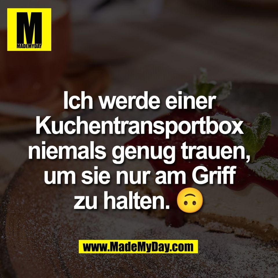 Ich werde einer<br />
Kuchentransportbox<br />
niemals genug trauen,<br />
um sie nur am Griff<br />
zu halten. 🙃