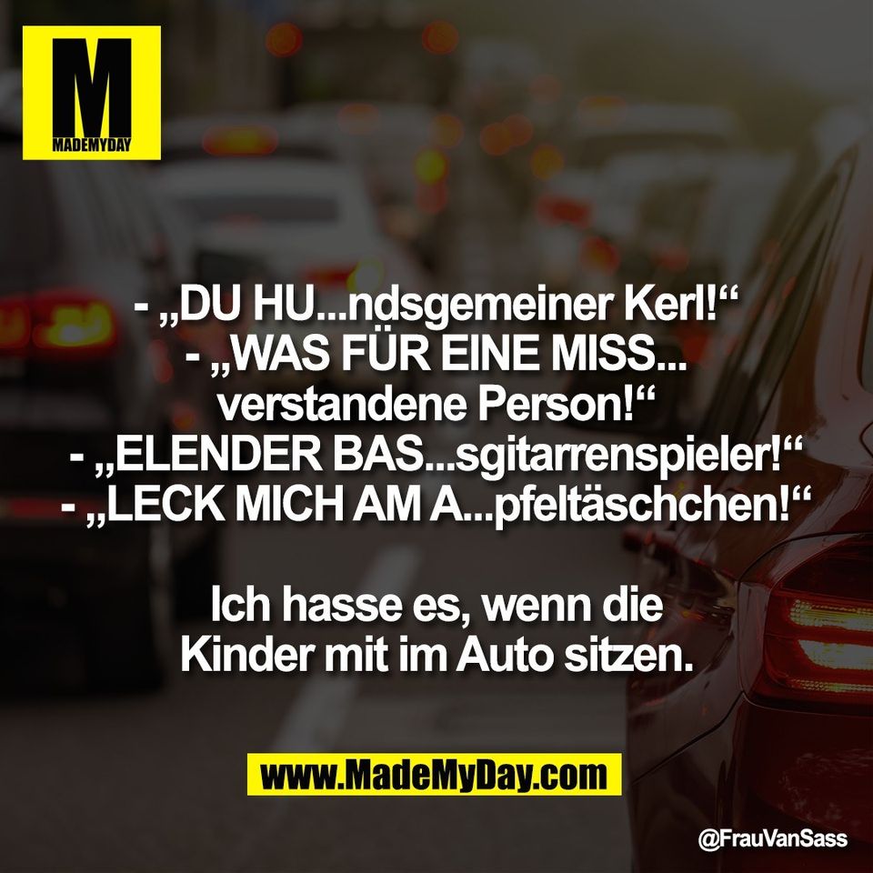 - „DU HU...ndsgemeiner Kerl!“<br />
- „WAS FÜR EINE MISS...<br />
verstandene Person!“<br />
- „ELENDER BAS...sgitarrenspieler!“<br />
- „LECK MICH AM A...pfeltäschchen!“<br />
<br />
Ich hasse es, wenn die<br />
Kinder mit im Auto sitzen.