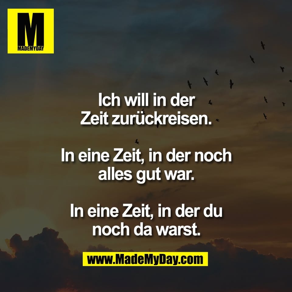 Ich will in der<br />
Zeit zurückreisen.<br />
<br />
In eine Zeit, in der noch<br />
alles gut war.<br />
<br />
In eine Zeit, in der du<br />
noch da warst.