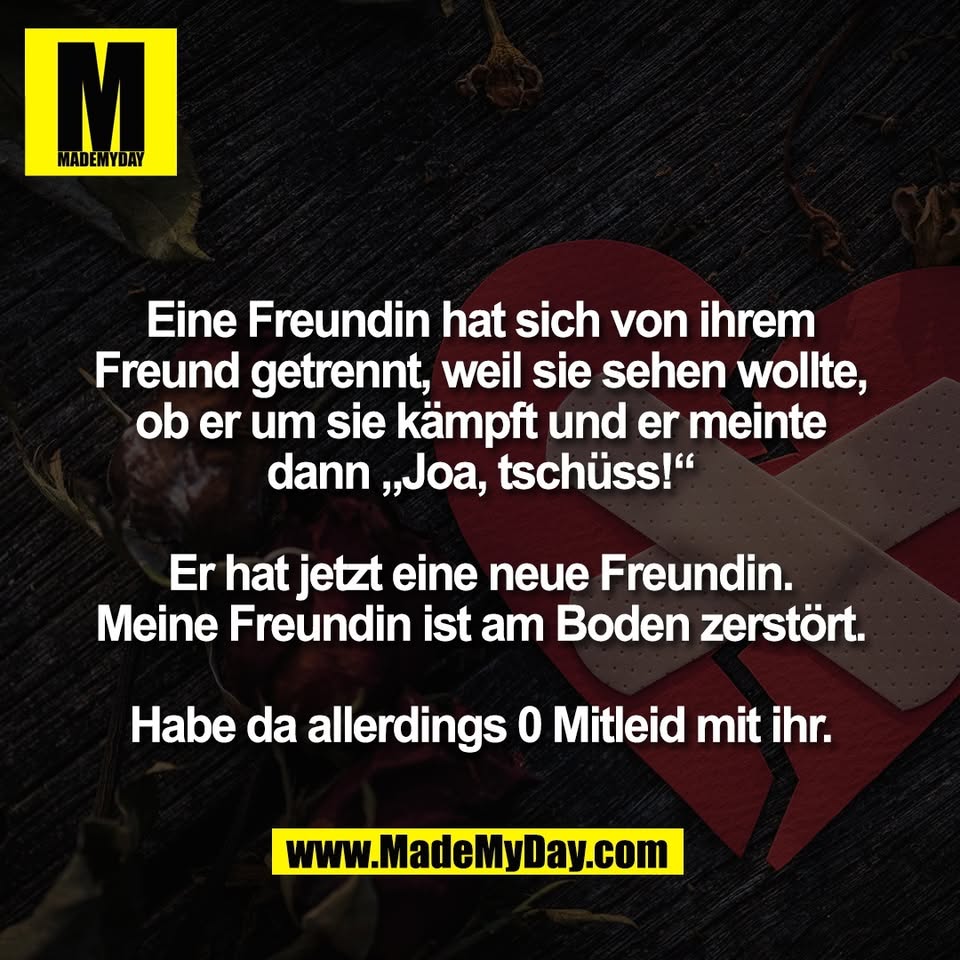 Eine Freundin hat sich von ihrem<br />
Freund getrennt, weil sie sehen wollte,<br />
ob er um sie kämpft und er meinte<br />
dann „Joa, tschüss!“<br />
<br />
Er hat jetzt eine neue Freundin.<br />
Meine Freundin ist am Boden zerstört.<br />
<br />
Habe da allerdings 0 Mitleid mit ihr.
