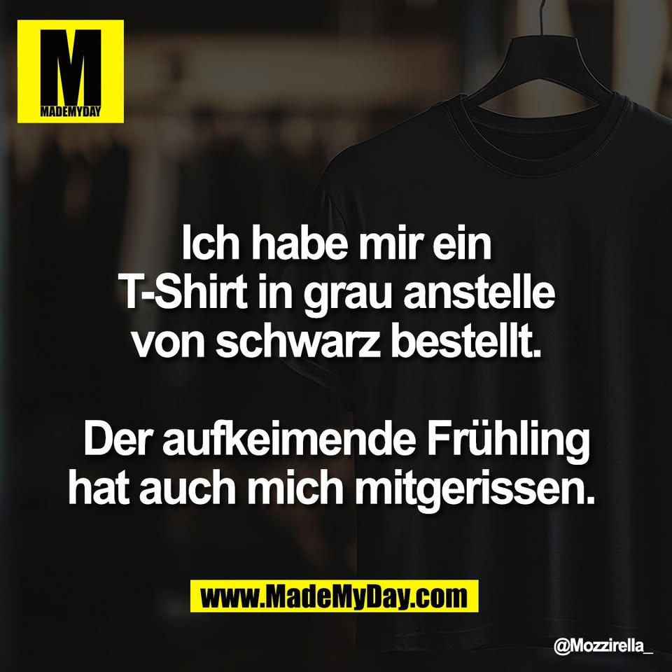 Ich habe mir ein<br />
T-Shirt in grau anstelle<br />
von schwarz bestellt.<br />
<br />
Der aufkeimende Frühling<br />
hat auch mich mitgerissen.