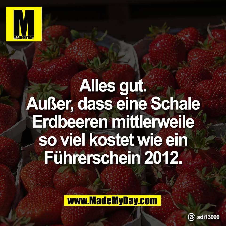Alles gut.<br />
Außer, dass eine Schale<br />
Erdbeeren mittlerweile<br />
so viel kostet wie ein<br />
Führerschein 2012.<br />
Threads: adi13990