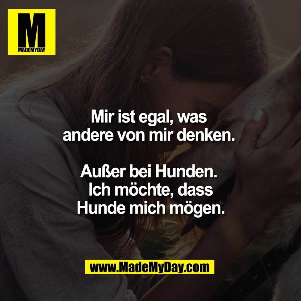 Mir ist egal, was <br />
andere von mir denken. <br />
<br />
Außer bei Hunden. <br />
Ich möchte, dass<br />
Hunde mich mögen.