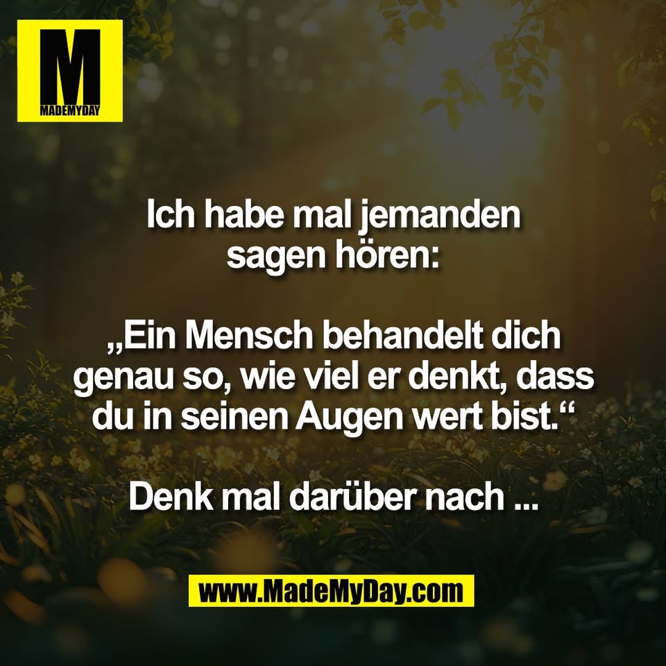 Ich habe mal jemanden<br />
sagen hören:<br />
<br />
„Ein Mensch behandelt dich<br />
genau so, wie viel er denkt, dass<br />
du in seinen Augen wert bist.“<br />
<br />
Denk mal darüber nach ...