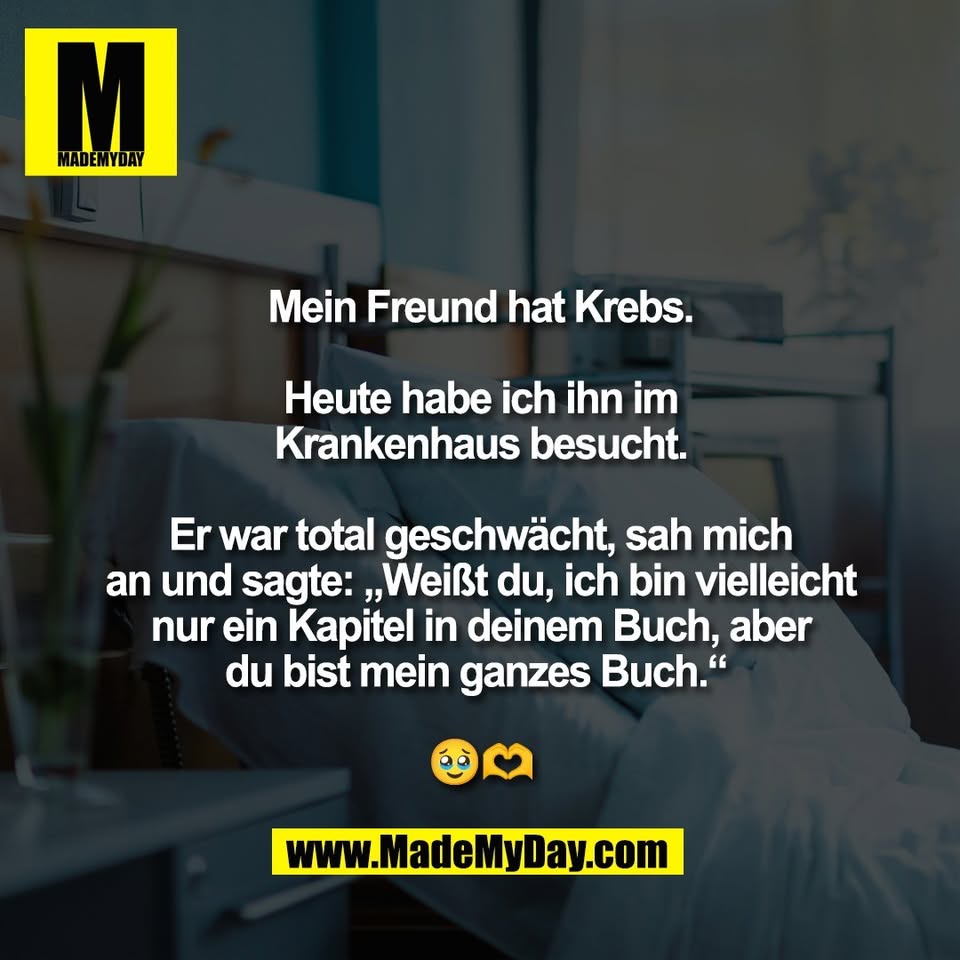Mein Freund hat Krebs.<br />
<br />
Heute habe ich ihn im<br />
Krankenhaus besucht.<br />
<br />
Er war total geschwächt, sah mich<br />
an und sagte: „Weißt du, ich bin vielleicht<br />
nur ein Kapitel in deinem Buch, aber<br />
du bist mein ganzes Buch.“ <br />
<br />
🥹🫶