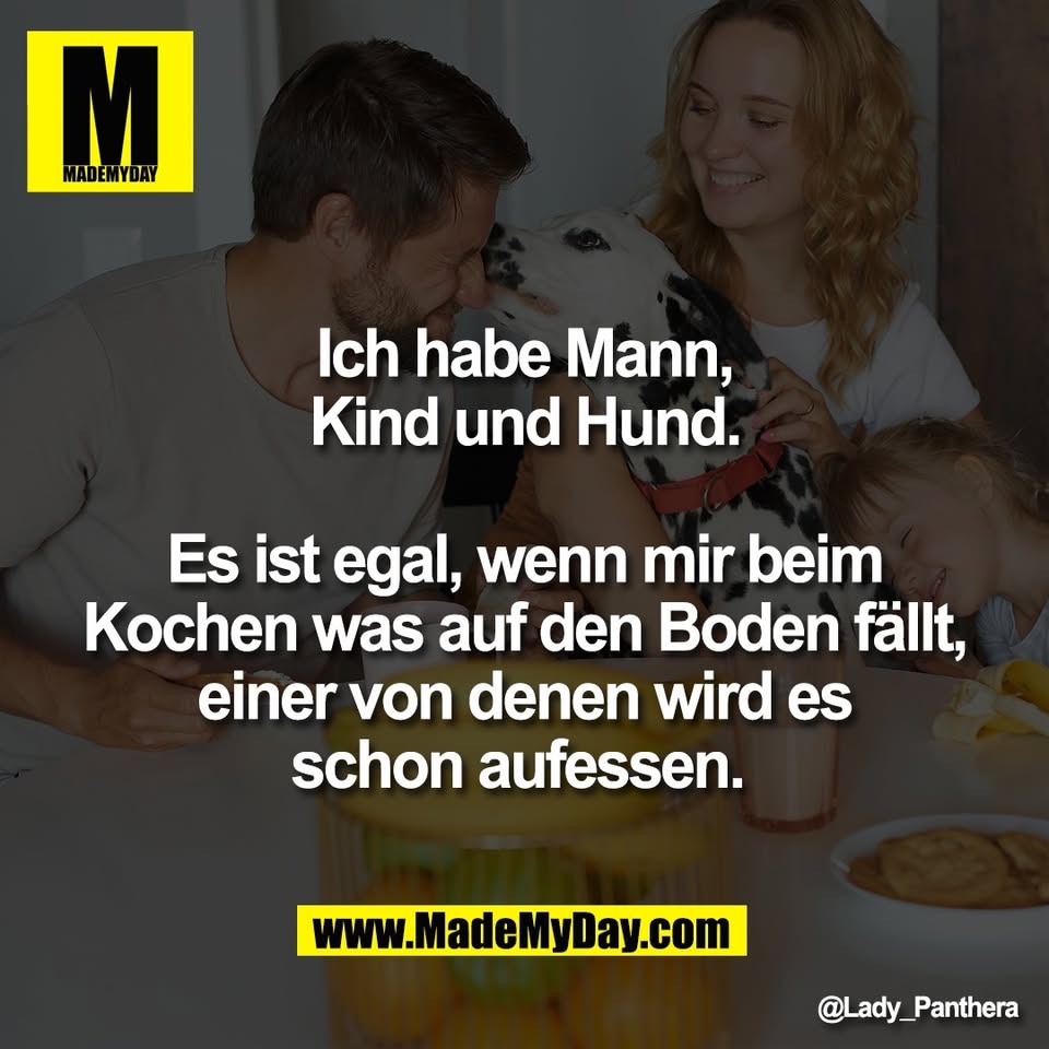 Ich habe Mann,<br />
Kind und Hund.<br />
<br />
Es ist egal, wenn mir beim<br />
Kochen was auf den Boden fällt,<br />
einer von denen wird es<br />
schon aufessen.