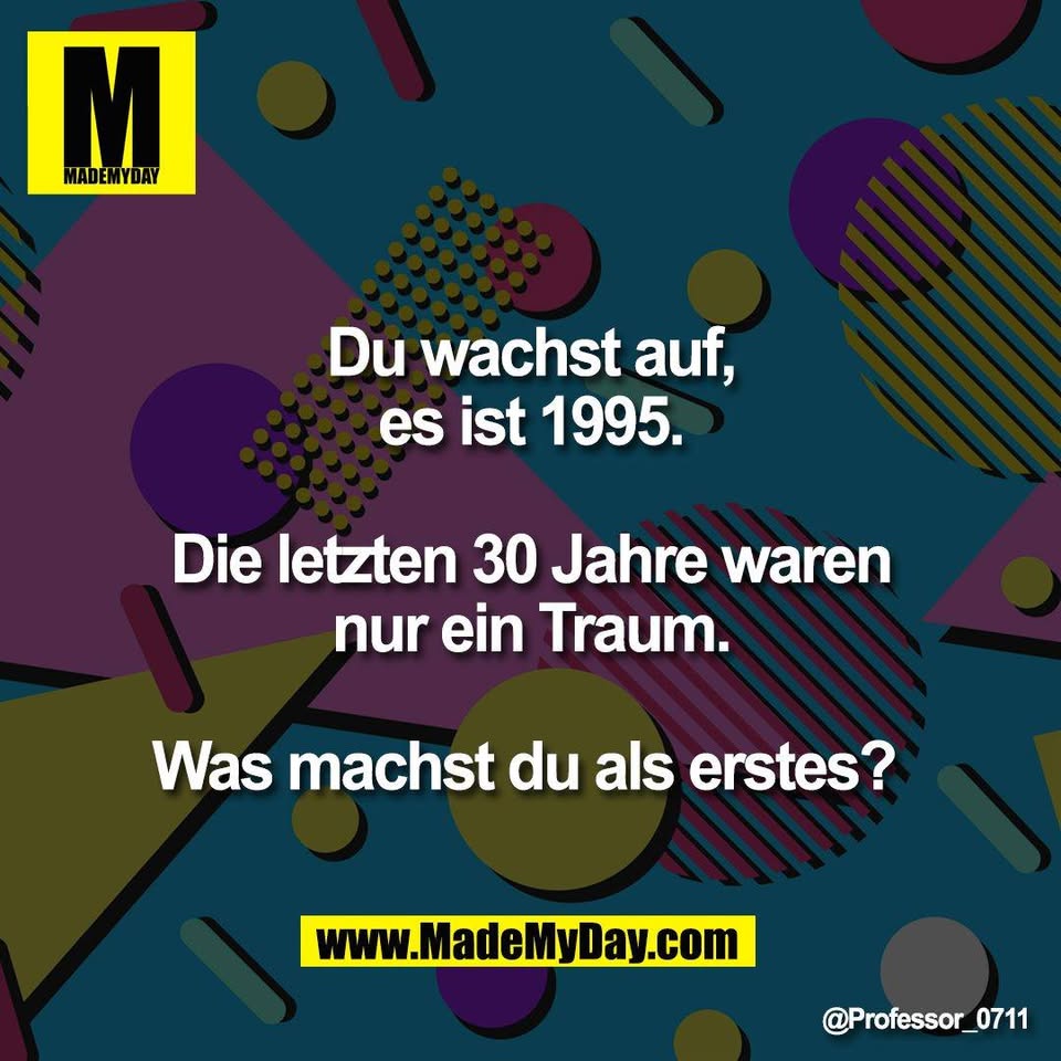 Du wachst auf,<br />
es ist 1995.<br />
<br />
Die letzten 30 Jahre waren<br />
nur ein Traum.<br />
<br />
Was machst du als erstes?