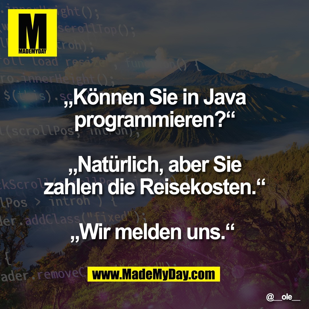 „Können Sie in Java<br />
programmieren?“<br />
<br />
„Natürlich, aber Sie<br />
zahlen die Reisekosten.“<br />
<br />
„Wir melden uns.“