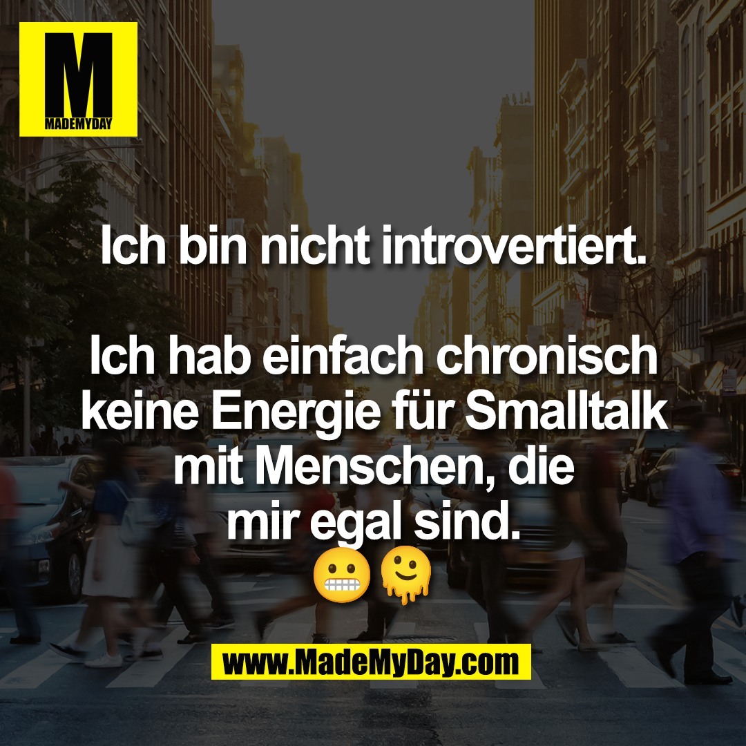 Ich bin nicht introvertiert.<br />
<br />
Ich hab einfach chronisch<br />
keine Energie für Smalltalk<br />
mit Menschen, die<br />
mir egal sind.<br />
😬🫠